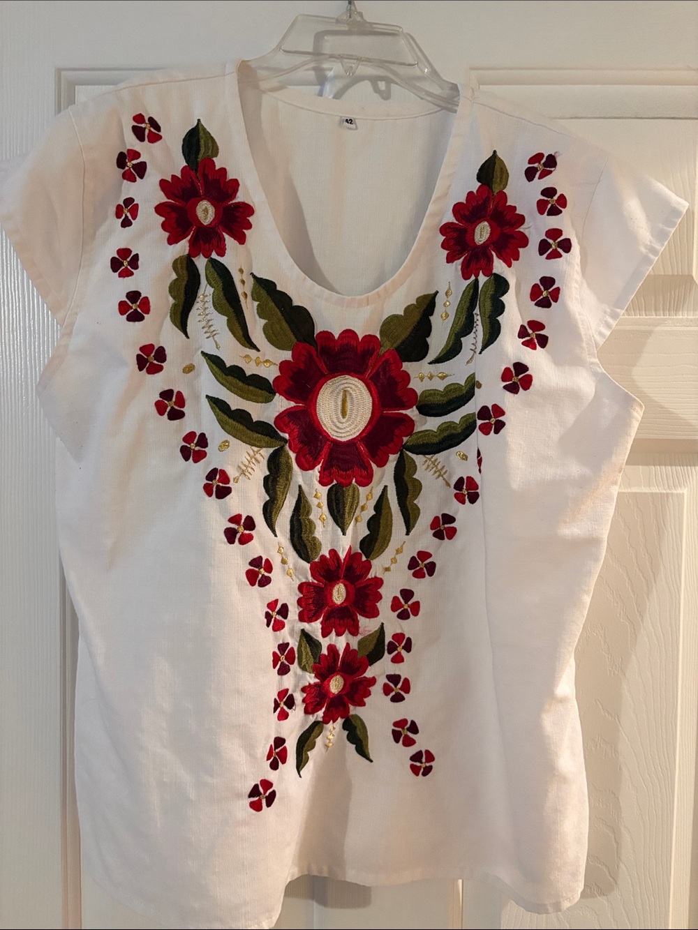 White Embroidered Floral V-Neck Top - Red & Green
